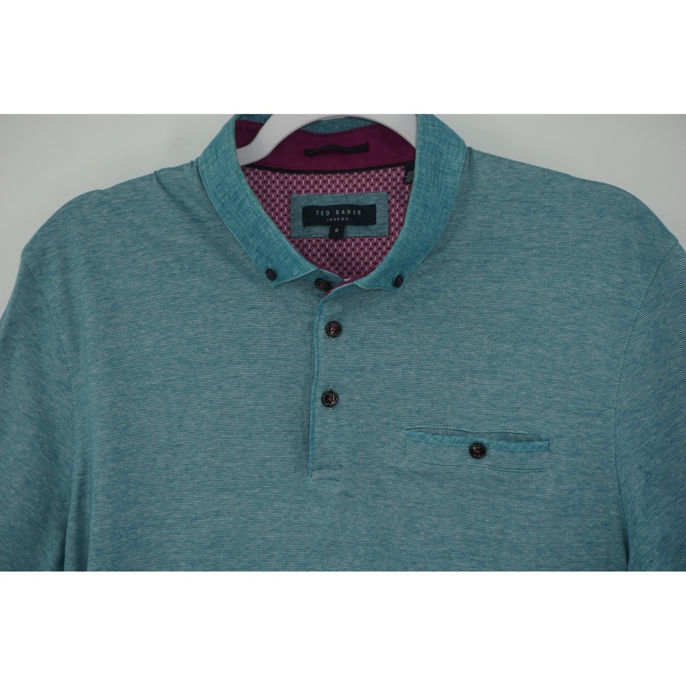 Ted‎ Baker Polo Shirt Blue Striped Jersey Band Collar Chest Pocket Men's XL